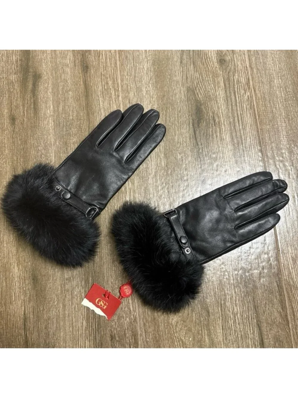 New GSG black leather Gloves with rabbit fur cuffs and wool liner size 7